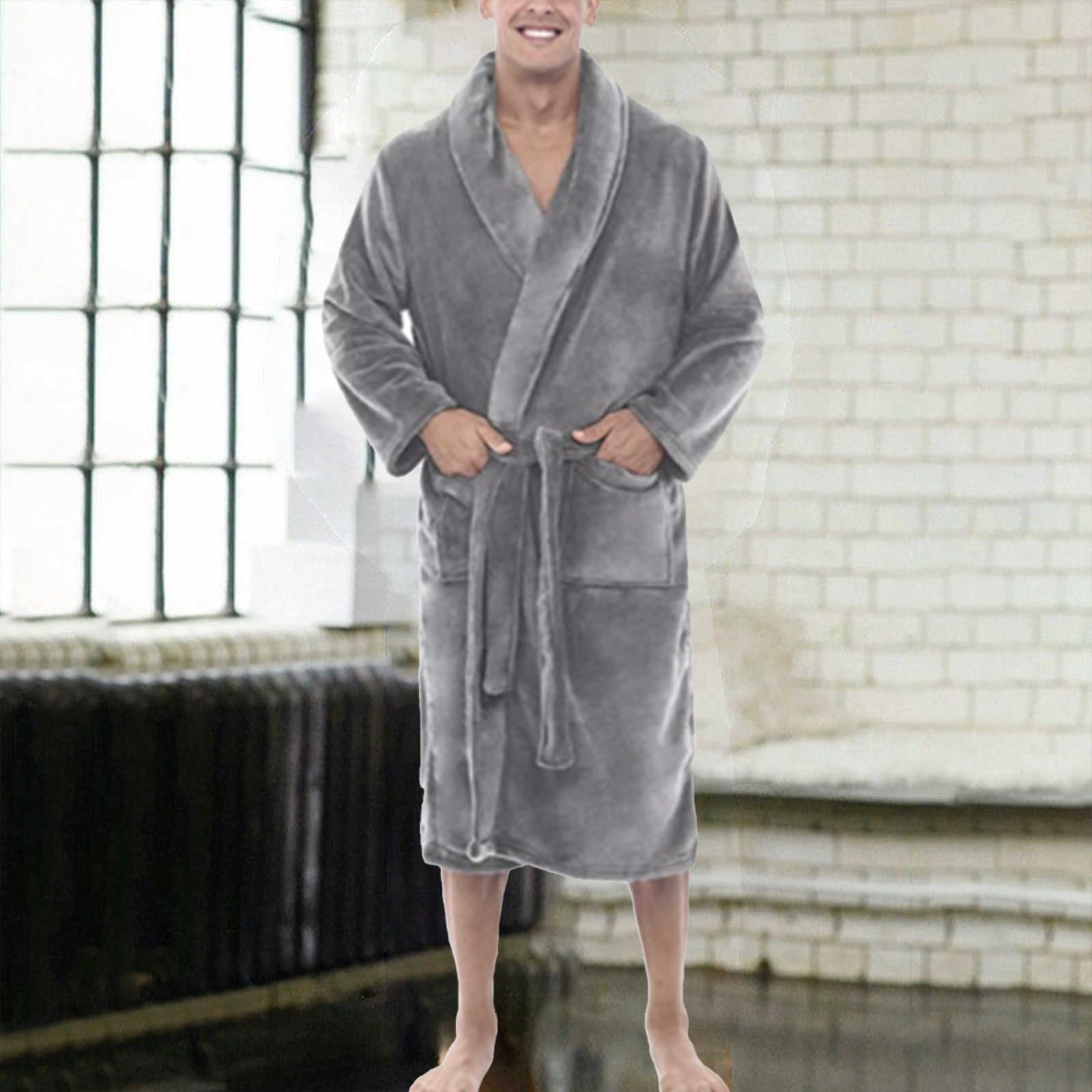 Fashion Casual Mens Bathrobes Robe V Neck Long Sleeve Couple Men Woman Robe Plush Shawl Kimono Warm Male Bathrobe Coat H0825