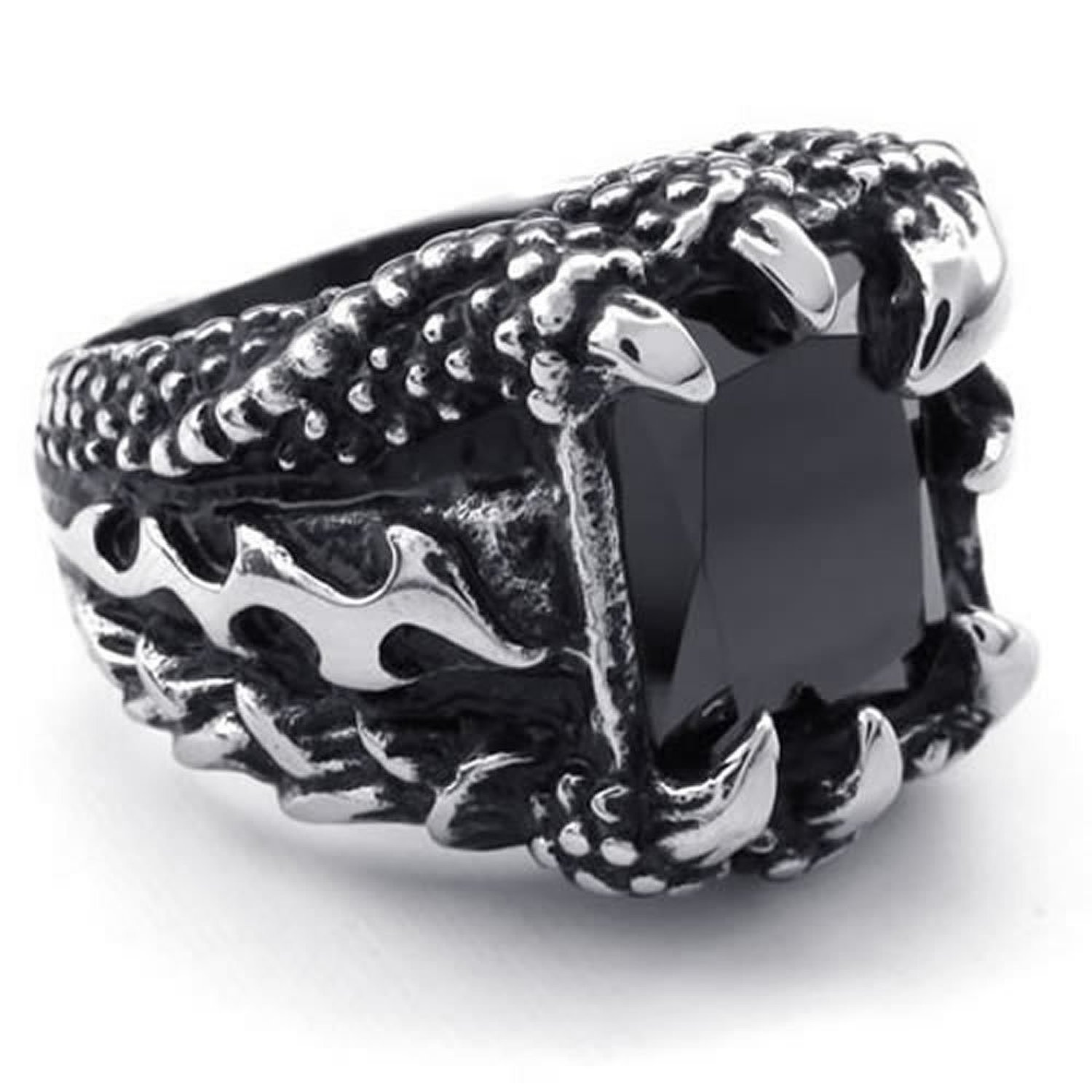 Vintage Men Stainless Steel Solitaire Ring Dragon Claw Square CZ Cubic Zirconia Band Biker Gothic
