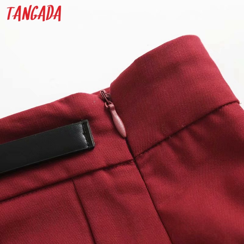Women Red Chain Decorate Midi Skirt Faldas Mujer Vintage Side Zipper Office Ladies Elegant Chic Mid Calf Skirts 4C64 210416