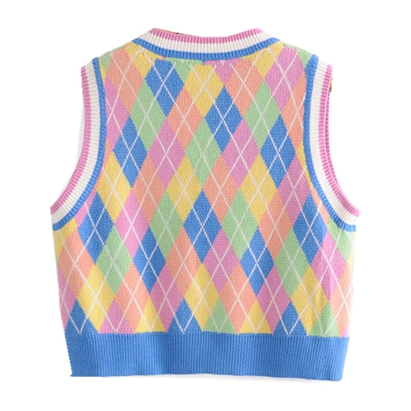 Preppy Style Pink Argyle Plaid Knitted Sweater Vest Women 90s Vintage Korean Clothing V Neck Tank Top Y2K Knitwear Sleeveless 210429