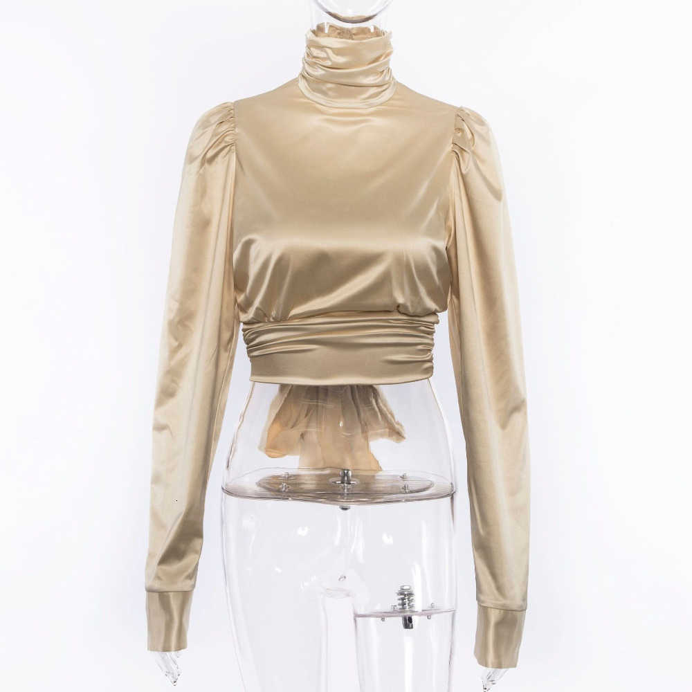 Elegant Turleneck Satin Slik Blouse Women Shirt Backless Women Blouse Long Sleeve Bow Tie Womens Tops and Blouses blusa feminina V191019