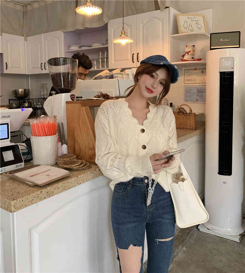 2 colors autumn korean style V neck hollow out thin knittd cardigans womens sweaters womens (R99388) 210423