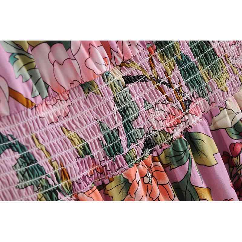 Bohemia Elastic Ruched Turtleneck Pink Floral Print Swing Long Dress Hippie Women Stretch Waist Midi Dresses Holiday Autumn 210429