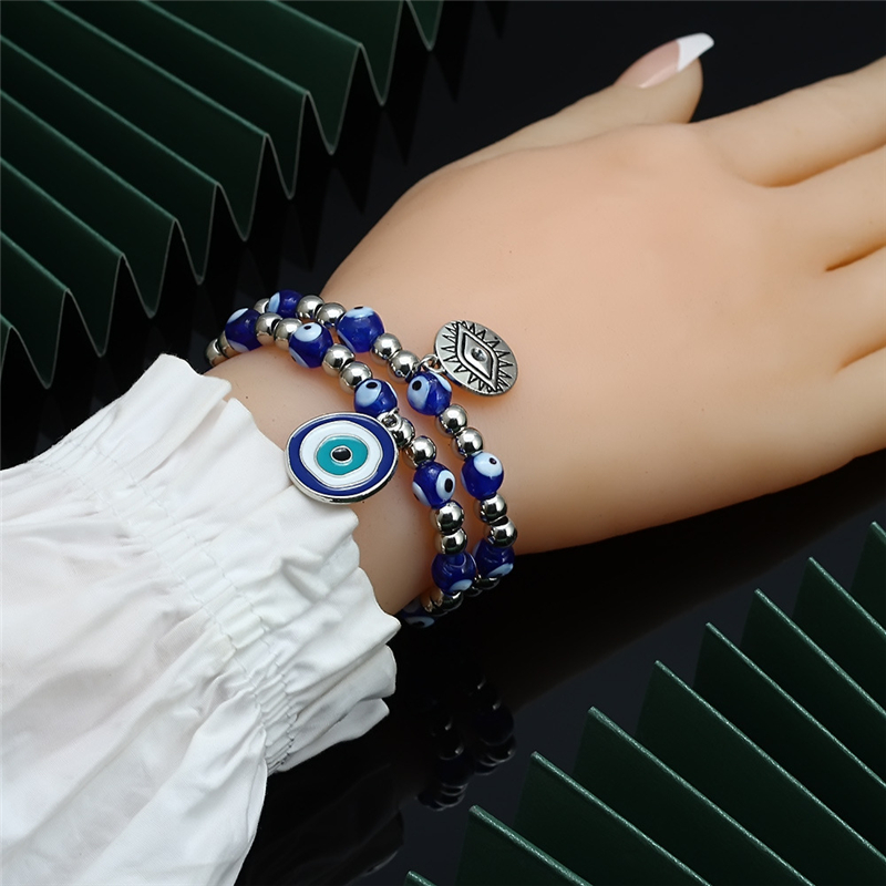 Blue Evil Eyes Beaded Strands Charm Bracelets Fashion Stretch Silver Bead Bracelet Bangles Lucky Turkish Pendant Jewelry Accessories for Women Men Gif