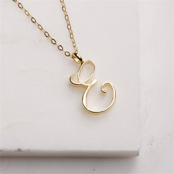 Small Cursive 26 Capital Letter Necklace Single Partner Name Initial Alphabet A-J Charm Swirl Monogram Word Text Character Pendant Chain Necklaces for