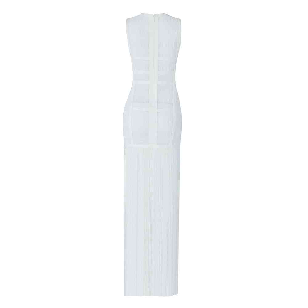 High Quality White Sleeveless Tassel Hollow Out Bodycon Rayon Bandage Dress Evening Party Sexy Dress 210331