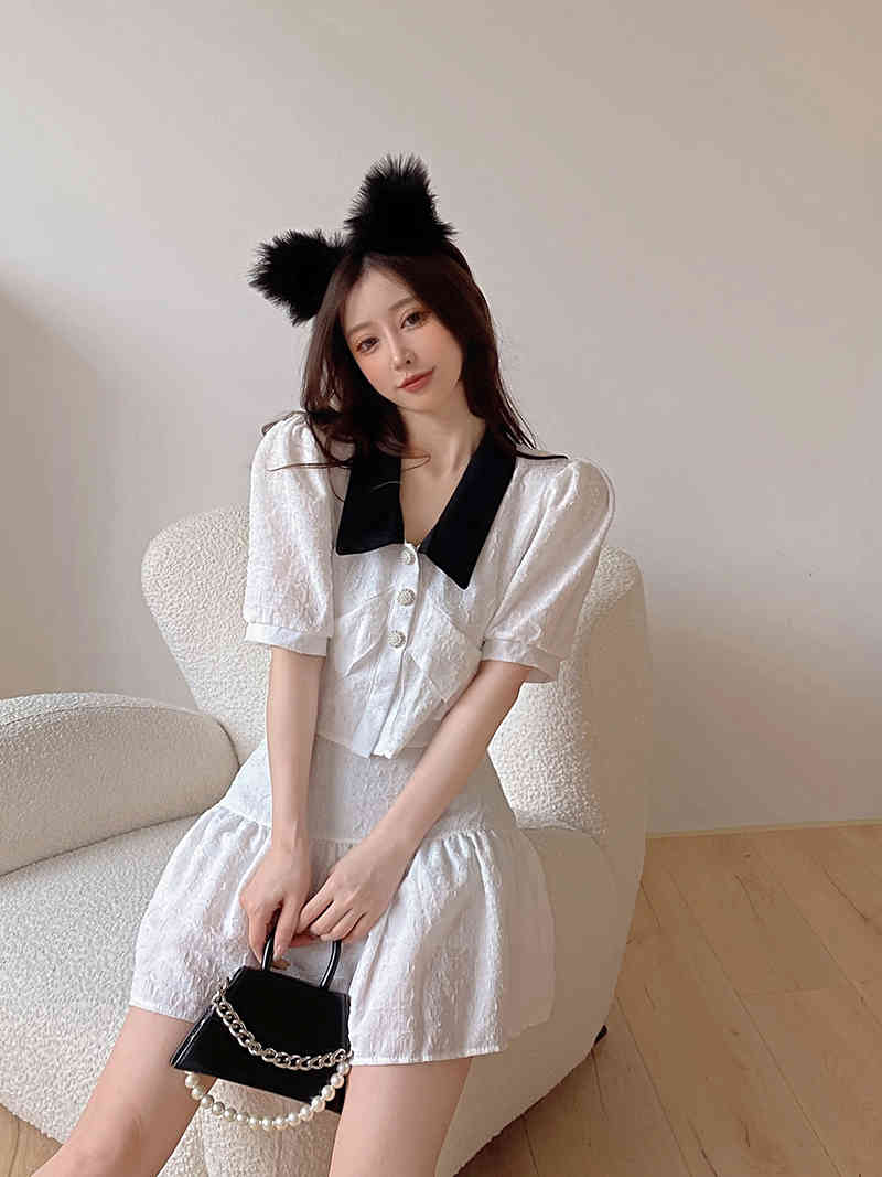 Summer Women Two Piece Set Casual Sweet Turn Down Collar Single Breasted Crop Tops + High Waist A-line Mini Skirt Outfits 210519