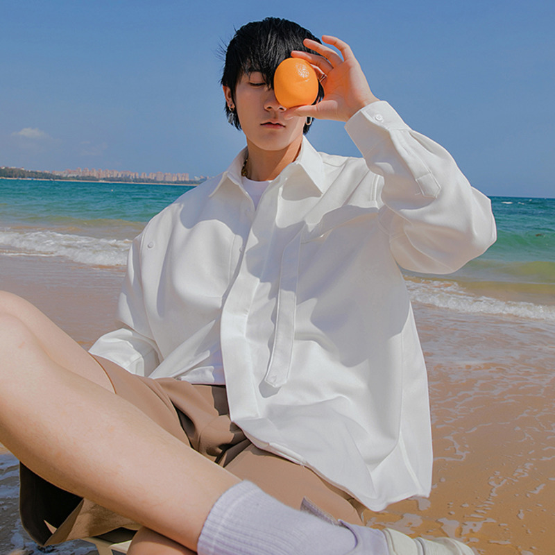 IEFB Men's Casual Long Sleeve White Shirt Single Breasted Lapel Ribbon Oversized Black Tops Long Sleeve Male Causal Cloth 9Y6712 210524