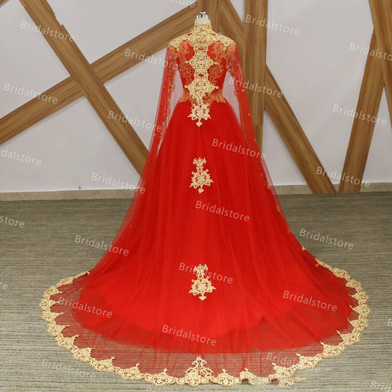 Red Dubai Arabic Muslim Evening Dress With Caped Elegant A Line Tulle Gold Lace Long Prom Dresses Women Caftan Party Graduation Gowns Robe Soirée De M