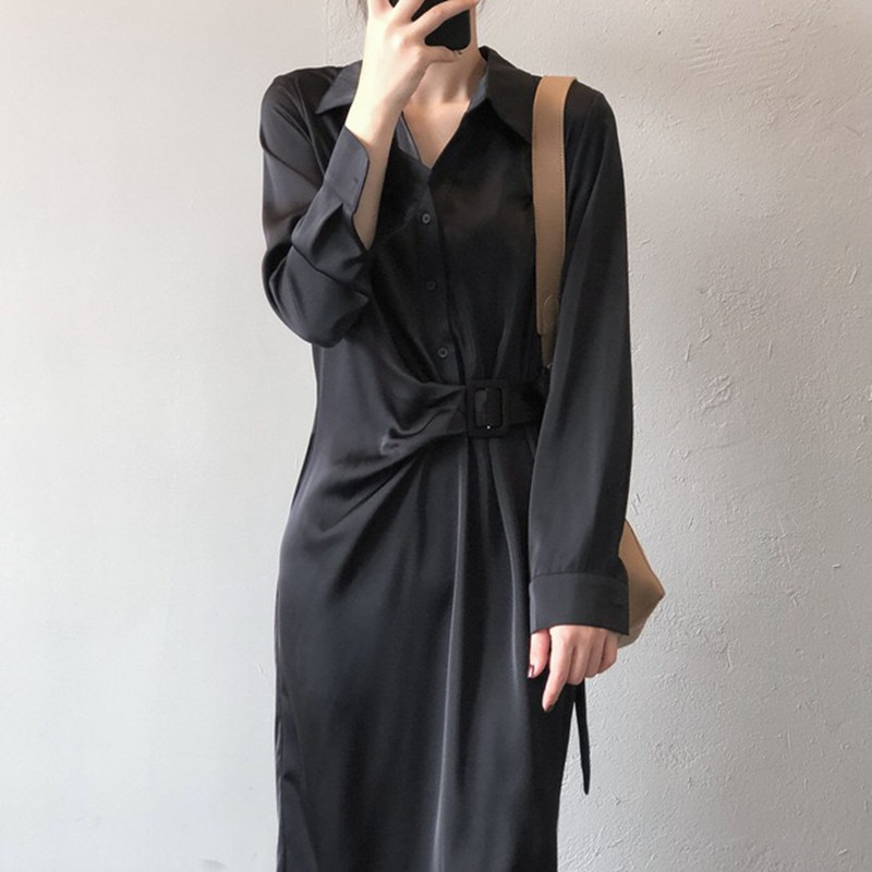 Autumn Spring Fashion Work Wear Lapel Shirt Dress Women Chic Elegant OL Single Breasted Satin Long Dresses Vestidos 210421