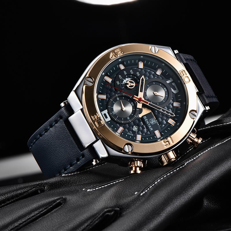 Wristwatches BENYAR Brand Men Business Chronograph Watches 45mm Large Dial Quartz Wristwatch Waterproof Leather Military Clock Reloj, Golden