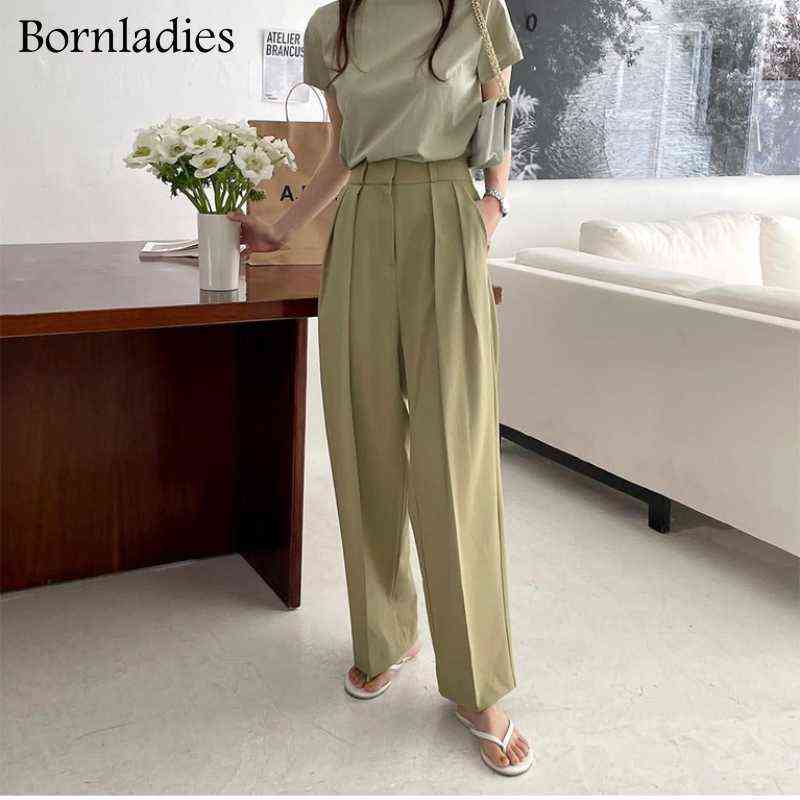Bornladies Summer Casual High Waist Loose Straight Pants for Women Ladies Button Wide Leg Trousers Female Solid 211115