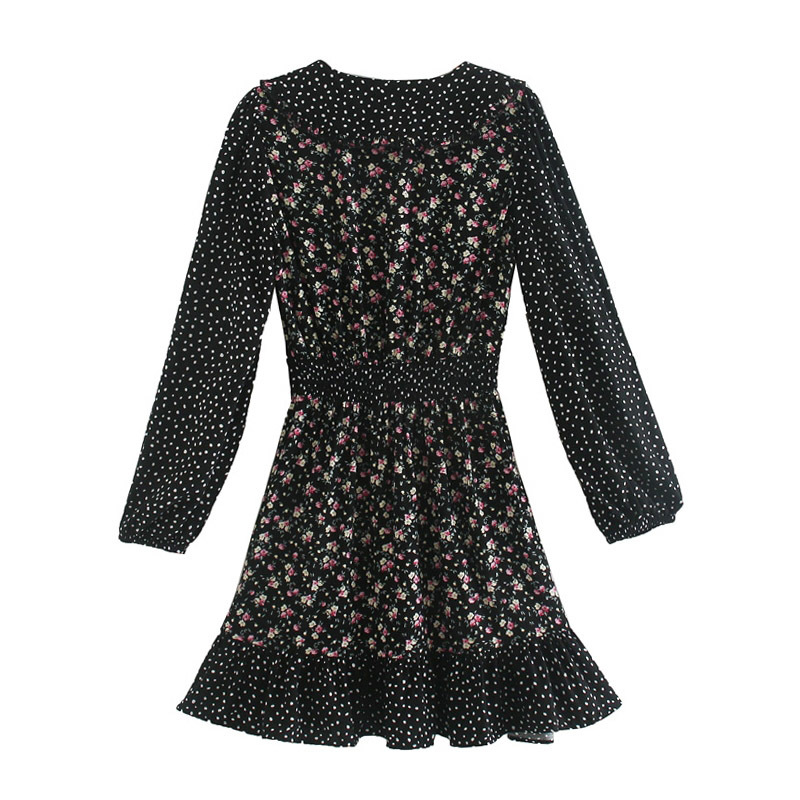 Chic Floral And Dot Print Patchwork Mini Dress Women Vintage Long Sleeve Ruffles Dress Ladies A Line Party Dresses 210414