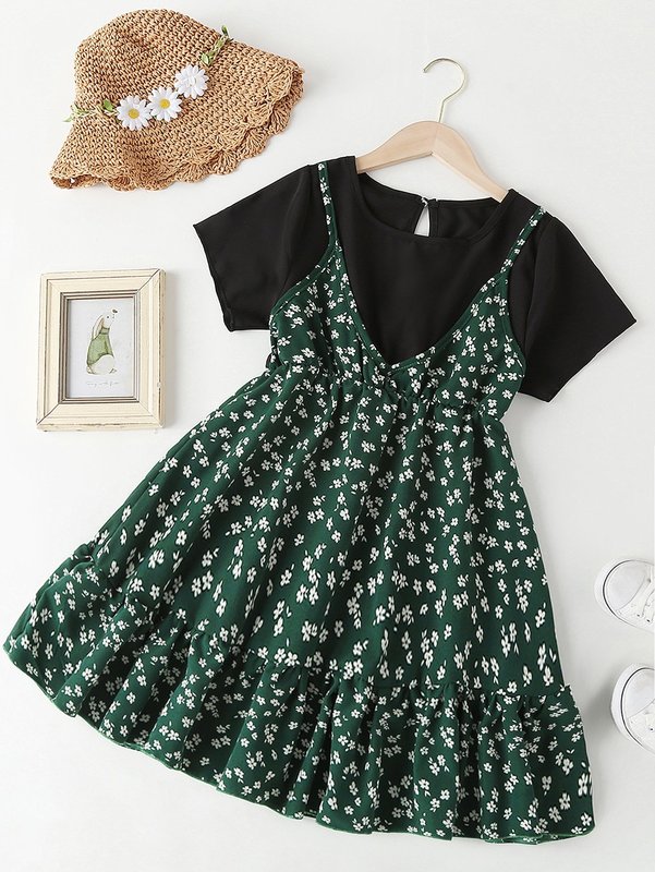 Girls Ditsy Floral Print Ruffle Hem 2 In 1 Dress SHE