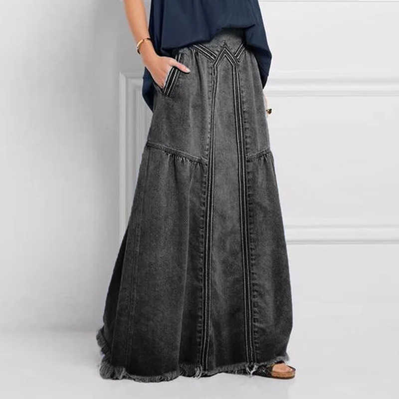 High Waist Fashion Women Denim Skirt Elastic Stretch Loose Long Summer Female Vintage Casual 210619