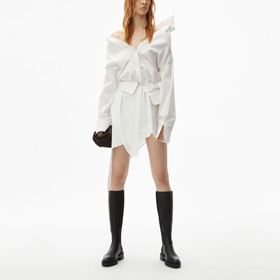 Women Dress Irregular Long Sleeve Cotton White Shirt Asymmetric Casual Fall 210525