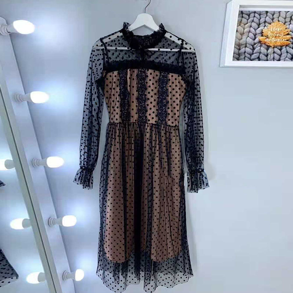 Free Sexy Black Polka Dot Lace Dress Stand Collar Long Sleeve Slim A-line Women Club Party Vestido 210524