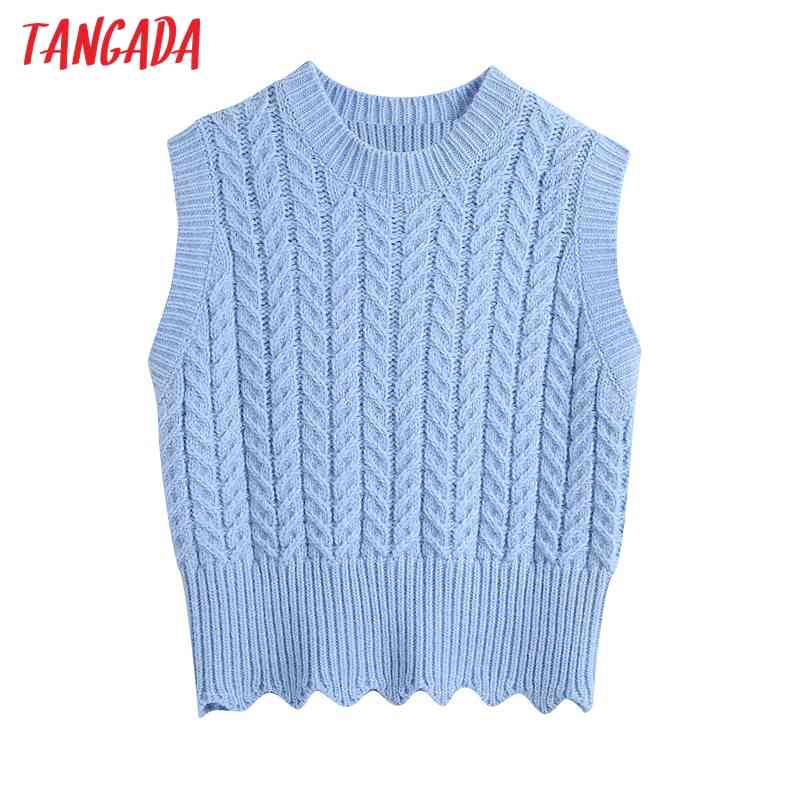 Women Fashion Blue Twist Crop Knitted Vest Sweater Vintage O Neck Sleeveless Female Waistcoat Chic Tops BE464 210416