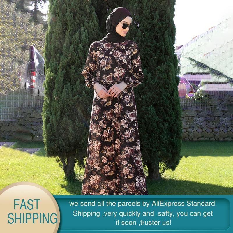 Women Floral Print Ankle Length Shirt Dress Long Sleeve Retro es Female Party 's Muslim 210428