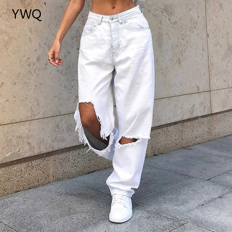 Mid Waist Boyfriend Fashion Loose Destroyed Women's Classic Hole Baggy Jeans White Vintage Pants Wide Leg Trousers 210922
