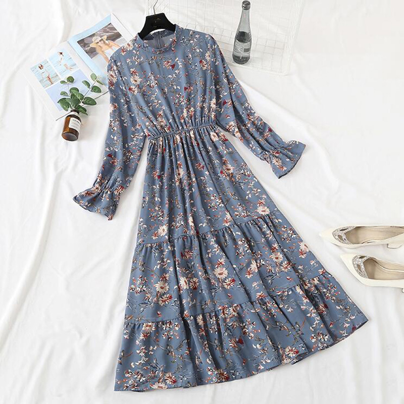 Autumn Women Chiffon Dress Vintage Long Sleeve Floral Print Ruffles Long Dresses Elastic Waist Casual Women Party Dress Vestidos 210521