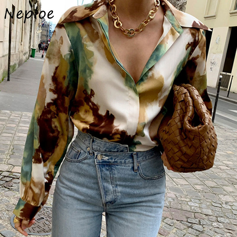 Vintage Print Ink Tie Dye Blouse Women Turn Down Collar Long Sleeve Single Breast Blusas Spring Loose Shirt Wild 210422