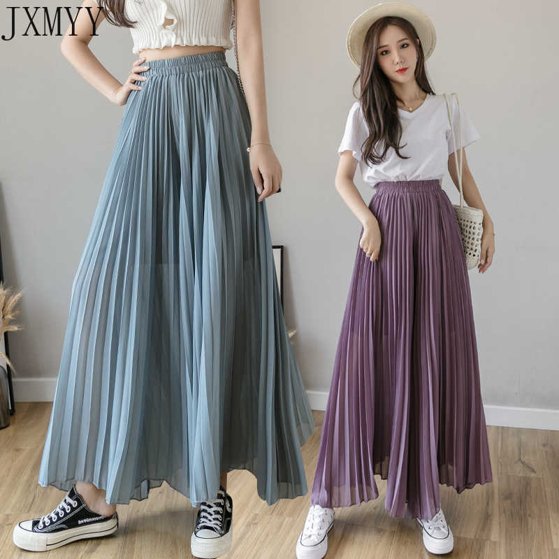 Fashion Streetwear Pleated Culotte Mujer Pants Blue Black Purple Chiffon Trousers Stretch High Waist Loose Wide Leg Women 211115