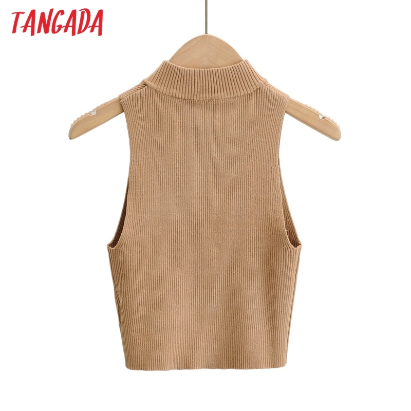Women High Quality Solid Zipper Crop Knit Tank Top Sleeveless Backless Female Tops 4P02 210416