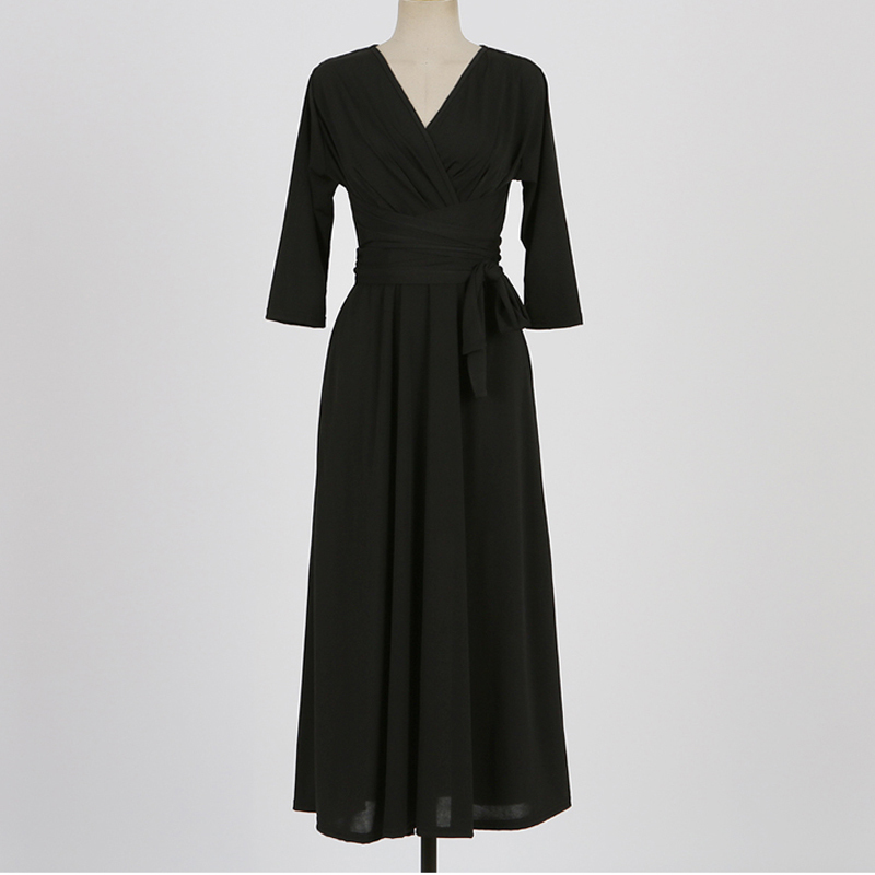 V-Neck Solid Midi Dress Women Bow Belt Vintage Elegant Party High Waist A-Line Female Sexy Vestidos 13020 210508