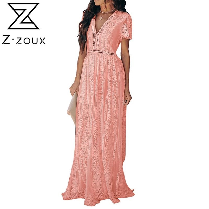 Z-ZOU Women Dress V Neck Short Sleeve Lace Temperament Maxi es Hollow Out Loose Leisure Plus Size es Pink 210513