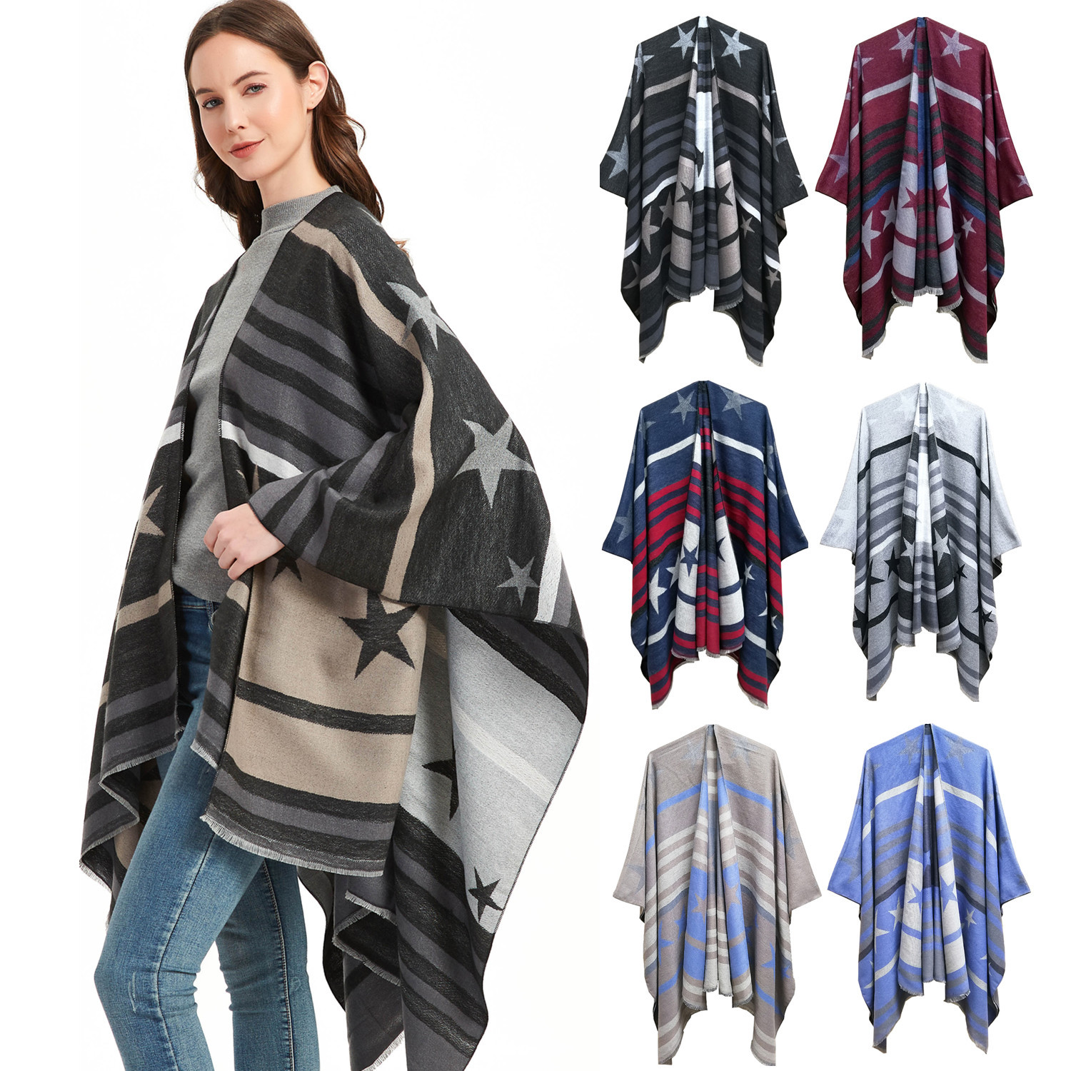 

Women Shawl Jacquard Slit Wraps Star Pattern Cappa Girls Home Shawls Indoor Air Conditioner Pashmina Cloak Spring And Autumn Fashion Scarves 23Colors WMQ1305, Mixed colors;random delivery