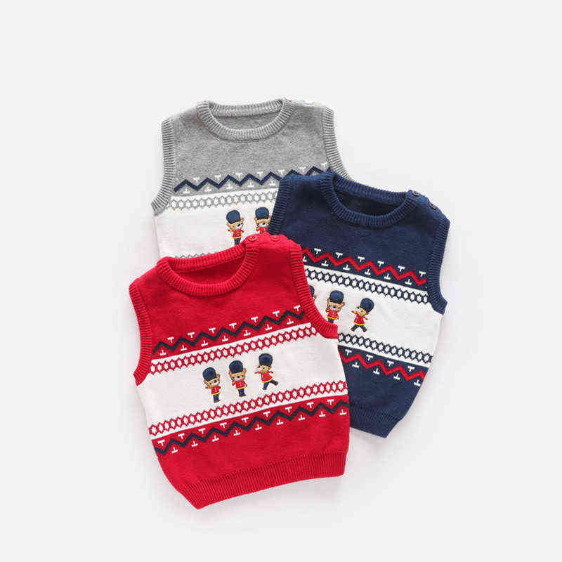 Toddler Boy Soldier Knitted Vest Tops Baby Cartoon Knitwear Children Embroidery Bear Sleeveless Knit Sweater Fall Winter Clothes 211104