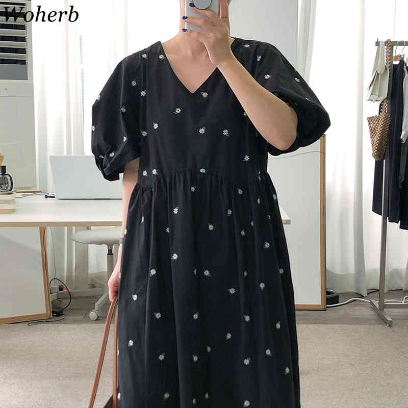 Summer Casual V-neck Long Dress Women Floral Embroidery Korean Loose Elegant Dresses Ladies Cute Chic Robe Vestidos 210519