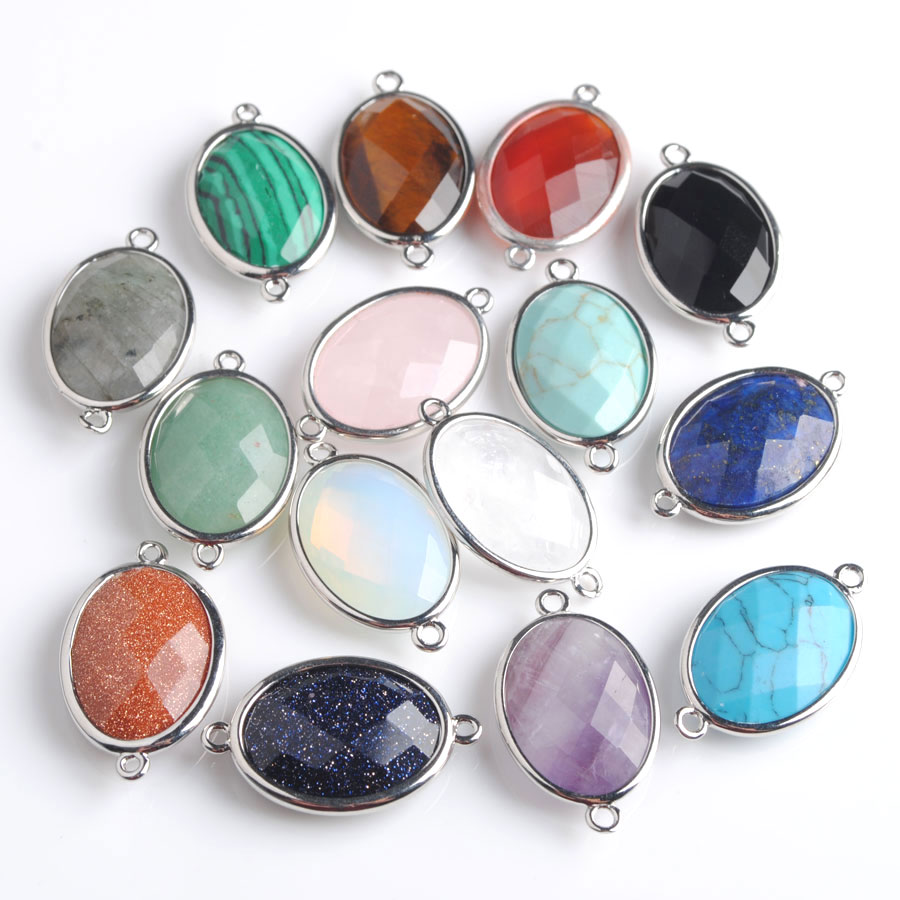 WOJIAER Silver-color Double Hole Egg-shaped Faceted Natural Stone Gem Beads for DIY Earring Connector Handcrafted Jewelry BZ902