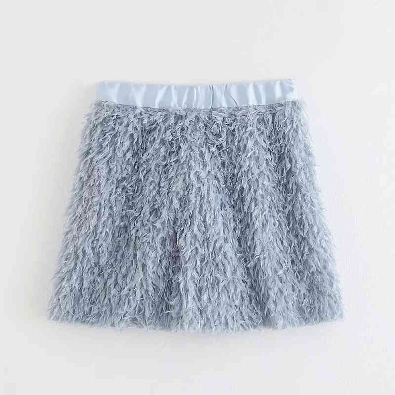Women Fashion Feathers Decoration Blue Mini Skirts Summer High Waist Streetwear Chic A-line Skirt faldas mujer moda 210421