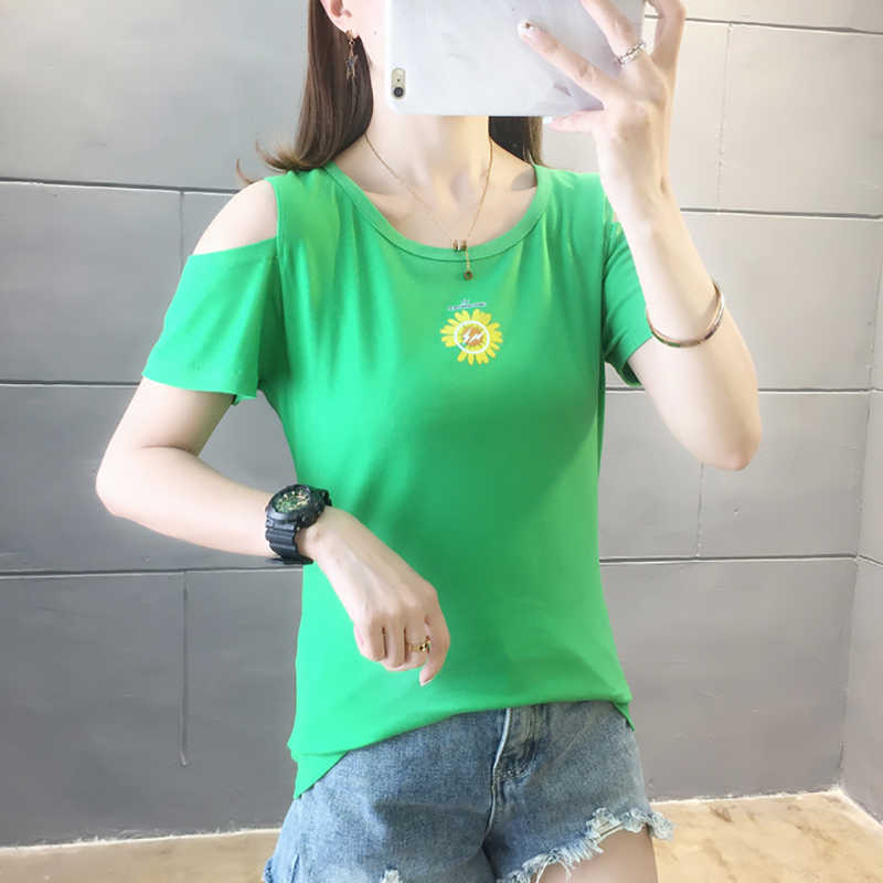 Floral Print T Shirt Slim Hole T- Women Clothes Summer Off Shoulder Tops Short Sleeve Tshirt Cotton Tee Femme 210615Z