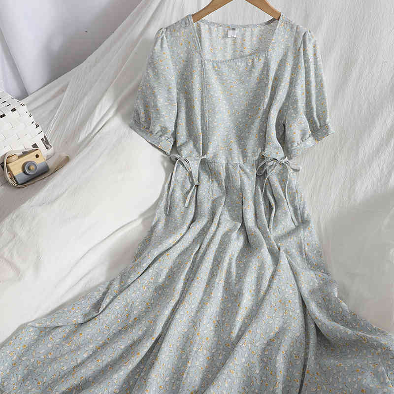 Fresh Sweet Korean Chic Slim Lace Up Elastic Waist Square Neck Puff Short Sleeve Chiffon Floral Print Dress Women Summer Gentle 210429