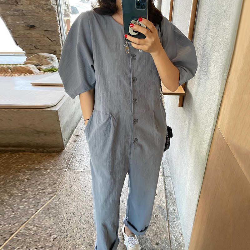 Korejpaa Women Jumpsuits Summer Korean Chic Ladies Niche Round Neck Loose Straight Single-Breasted Lantern Sleeve Jumpsuit 210526