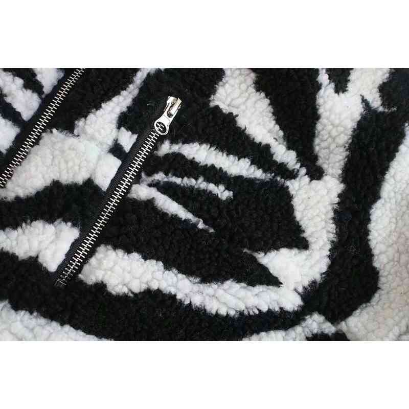 Winter Warm Faux Fur Zebra Coat Crop Teddy Stand Collar Long sleeve Zipper Women Jacket Motorcycle Cool Girl Outerwear 210429