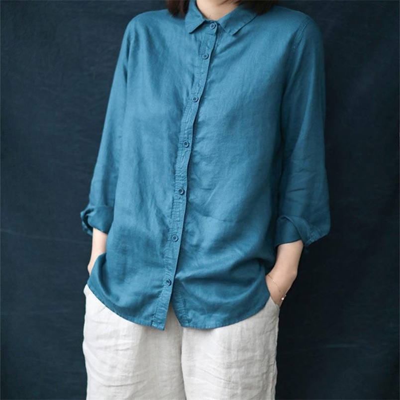 Spring Autumn Arts Style Women Long Sleeve Loose White Shirt High Quality Cotton Linen Turn-down Collar Casual Blouse M247 210512