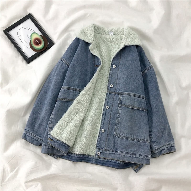 Thick Denim Jackets Lamb Wool Fashion Warm Patchwork Winter Women Jacket Korean Preppy Style Mujer Chaqueta 18709 210415