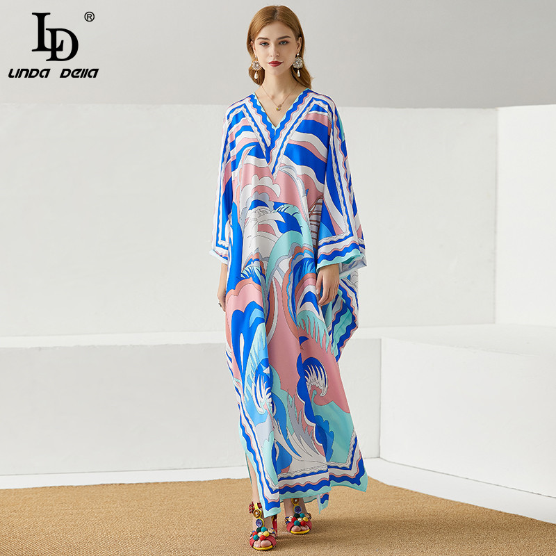 knitted Loose Dress Plus Size Women V-Neck Batwing Sleeve Bohemia Holidays Party Print Maxi Long robe gown 210522