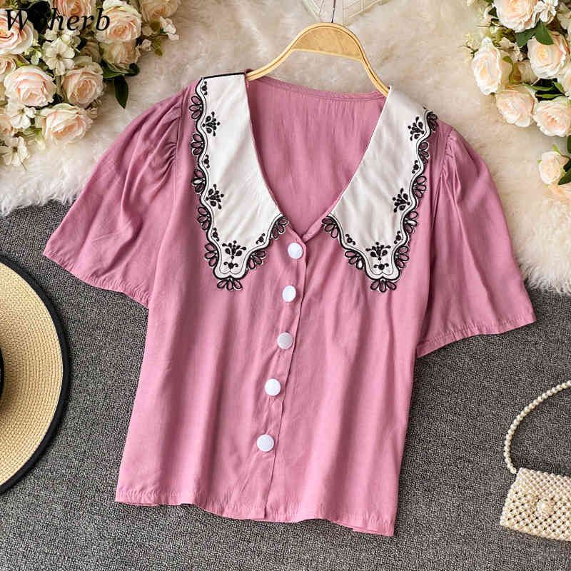 Embroidered Shirt Women Summer Blusas Mujer Puff Short Sleeve Temperament Slim Blouse Elegant Fashion White Tops 4i563 210519