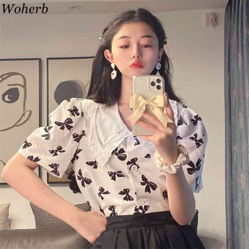 Summer Korean Blouse Fashion Women Bow Print Short Sleeve White Tops Ladies Slim Single-breasted Shirts 210519
Summer Korean Blouse Fashion Women Bow Print Short Sleeve White Tops Ladies Slim Single-breasted Shirts 210519
