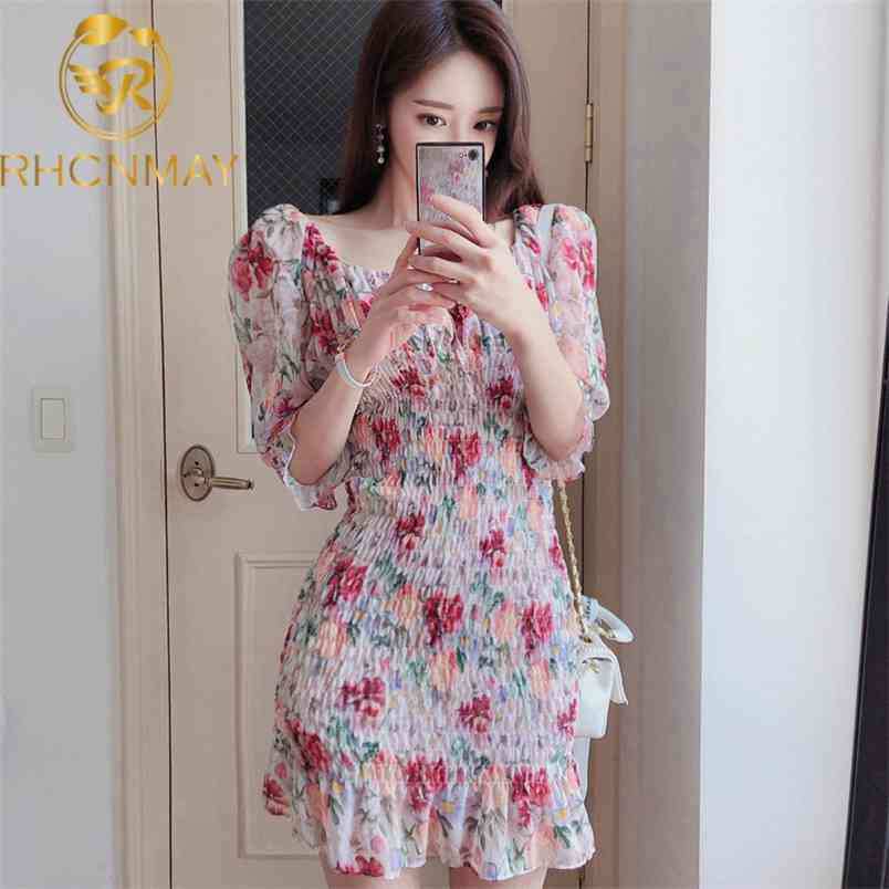 Korean Style Square Collar Puff Sleeve Chiffon Dress Women Floral Print Slim Waist Vintage es Fashion Summer Pleated 210506