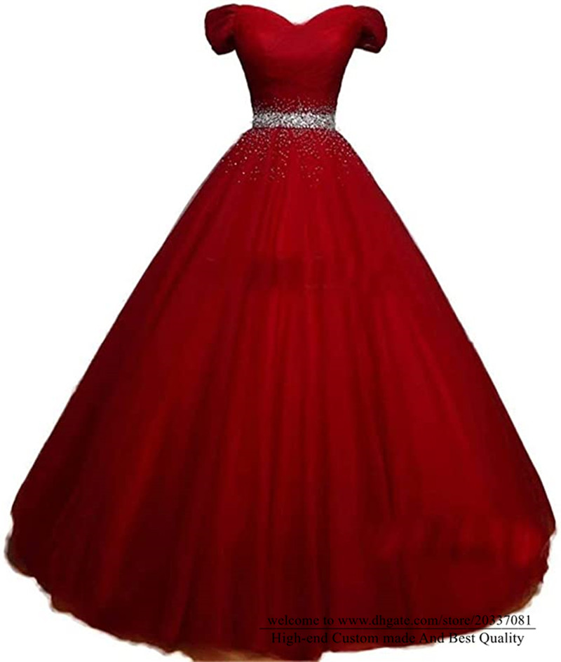 Sweety Sexy Sweetheart Crystal Red Ball Gown Formal Evening Dresses Ruffles Tulle Lace Up Cocktail Prom Party Gowns E23