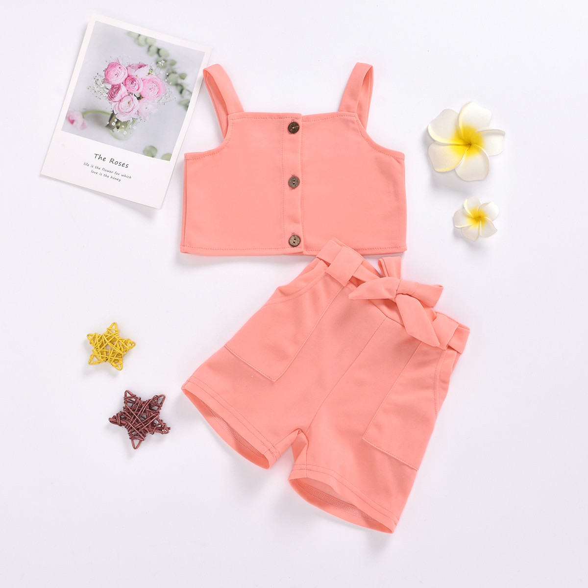 1-5 Years Old Summer Girl Suit Solid Color Button Camisole + Bow Shorts Two-piece Sweet Casual Clothes 210515