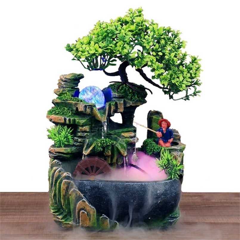 Indoor Resin Rockery Waterfall Feng Shui Flowing Fountain Desktop Ornament Office Decor Relaxation Meditation Sound 211108
