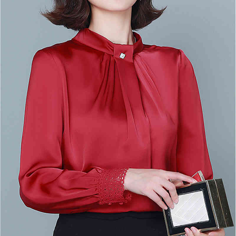 Office Long Sleeve Stand Collar Women's Blouse Autumn Solid Chiffon Shirt Women Plus Size Pullover Ladies Clothing 11581 210415