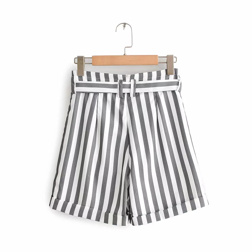 Women Fashion Striped Print Gray White Short Pants Female Casual High Waist Bow Belt s Beach Streetwear Trousers 210421